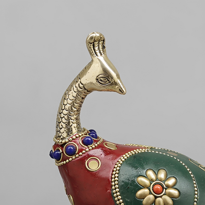 Brassaura® Royal Meenakari Peacock Brass Sculpture | Handcrafted Decorative Art | Height 8.5 Inches