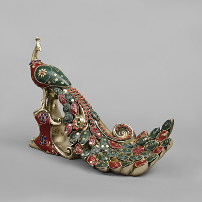 Brassaura® Royal Meenakari Peacock Brass Sculpture | Handcrafted Decorative Art | Height 8.5 Inches