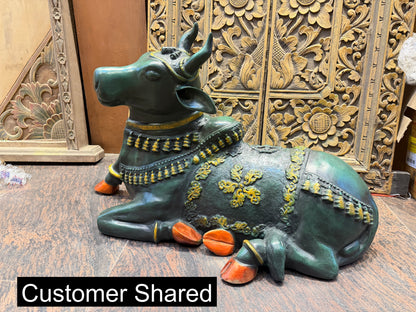 Brassaura® Brass Antique Large Nandi Sculpture with Pichwai Finish – Height 21.5 Inches & Weight 30 Kgs | Rustic Green Patina Idol
