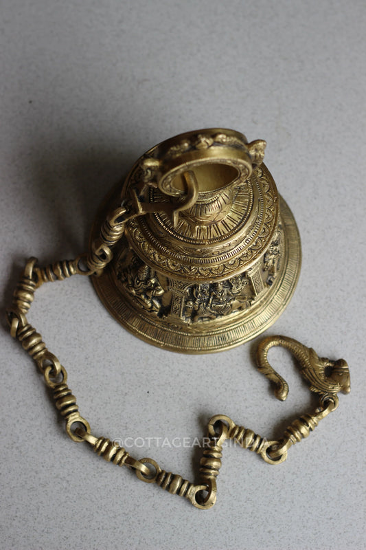 Brassaura® Brass Divine Temple Bell with Sacred Motifs | Handcrafted Hanging Ghanti with Chain | Height 8 Inches & Weight 3.6 Kgs