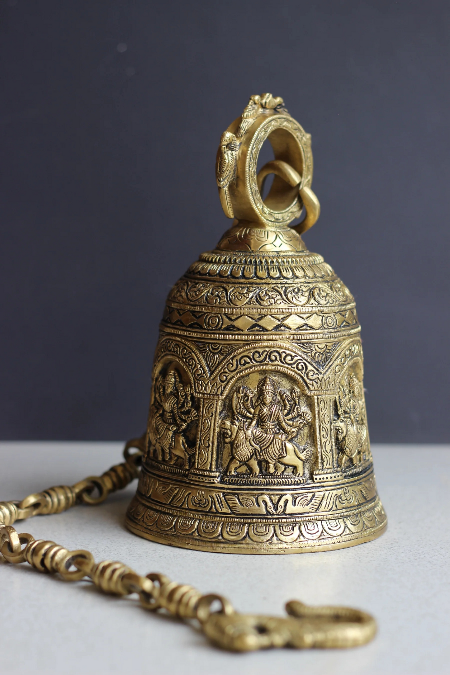Brassaura® Brass Durga Temple Bell with Chain | Handcrafted Sacred Hanging Ghanti | Height 9.5 Inches & Weight 4.1 Kgs