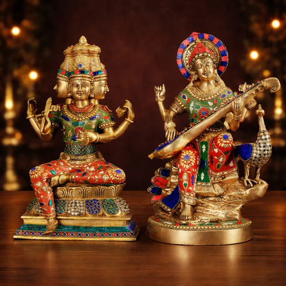 Brassaura® Superfine Brass Saraswati & Brahma Statue Pair | Height 15 Inches
