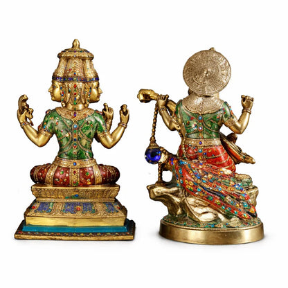 Brassaura® Superfine Brass Saraswati & Brahma Statue Pair | Height 15 Inches