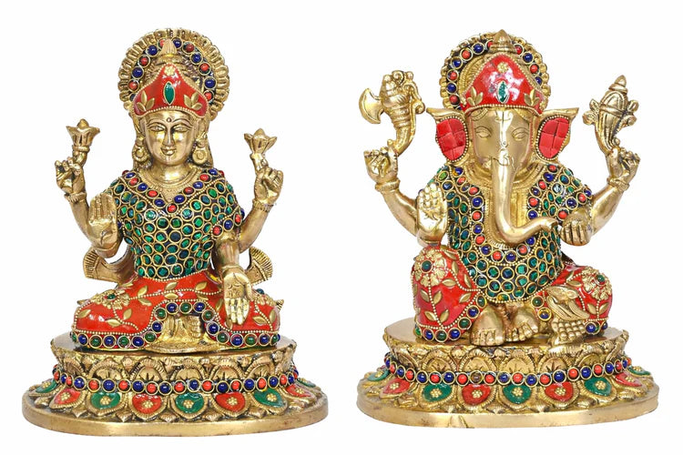 Brassaura® Brass Lakshmi Ganesh Idol Set | Height 9 Inches