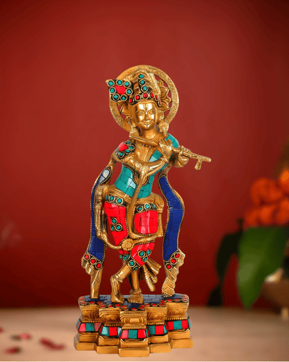 Brassaura™ Lord Krishna Brass Idol | Pure Brass with Meenakari Stonework | Height 12 Inches & Weight 2.4 Kgs