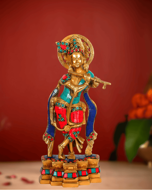 Brassaura™ Lord Krishna Brass Idol | Pure Brass with Meenakari Stonework | Height 12 Inches & Weight 2.4 Kgs
