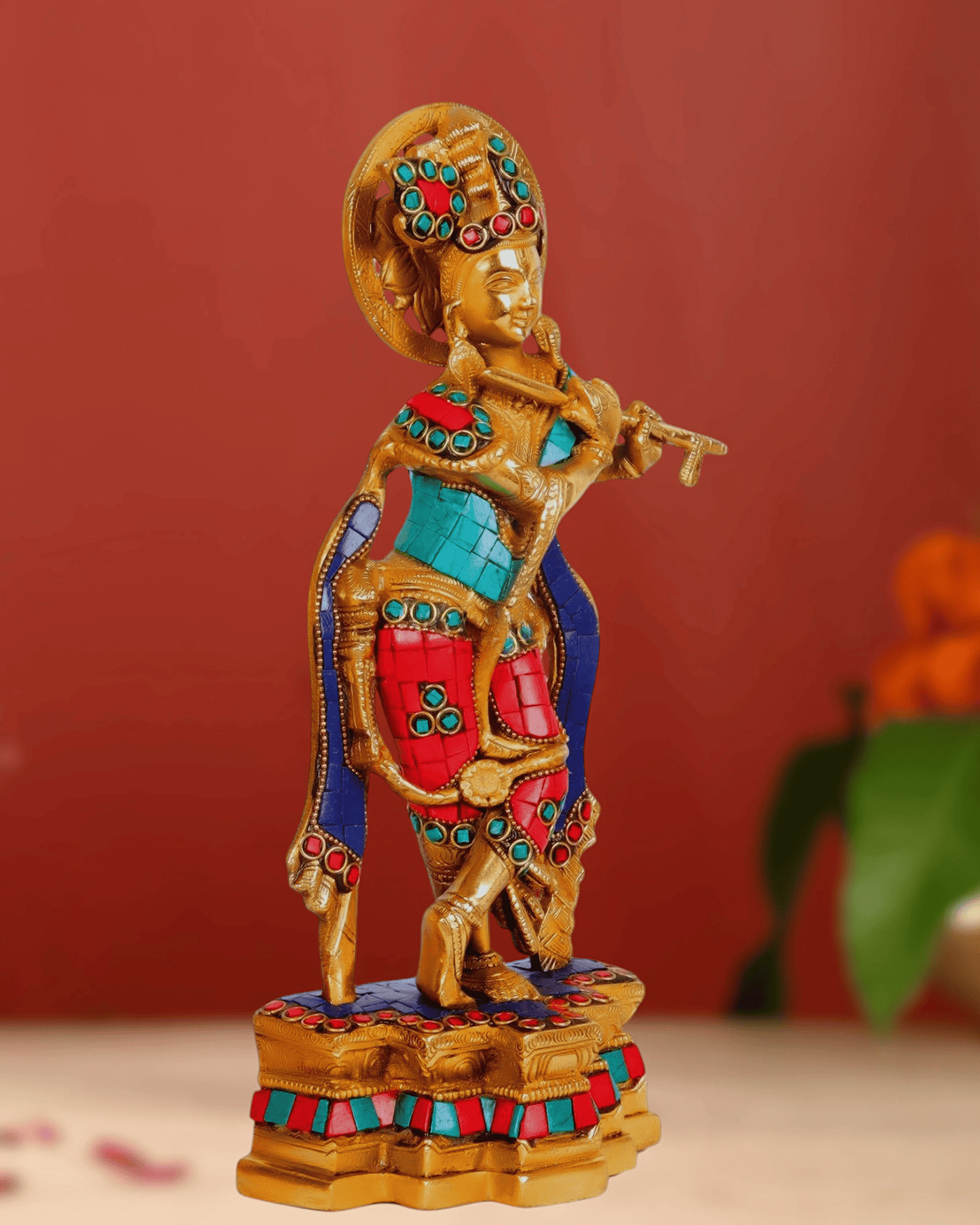 Brassaura™ Lord Krishna Brass Idol | Pure Brass with Meenakari Stonework | Height 12 Inches & Weight 2.4 Kgs