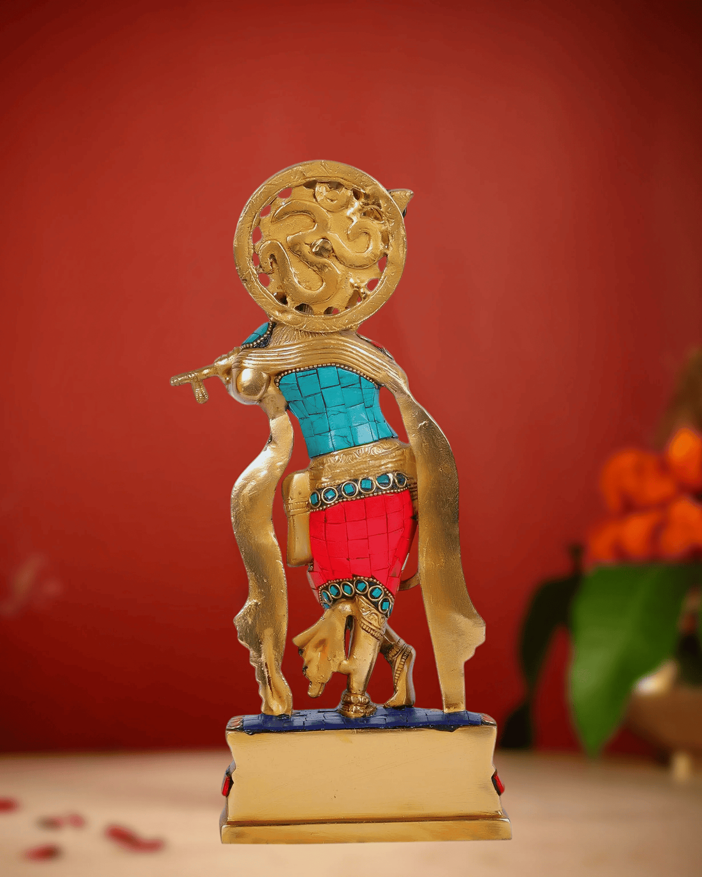Brassaura™ Lord Krishna Brass Idol | Pure Brass with Meenakari Stonework | Height 12 Inches & Weight 2.4 Kgs