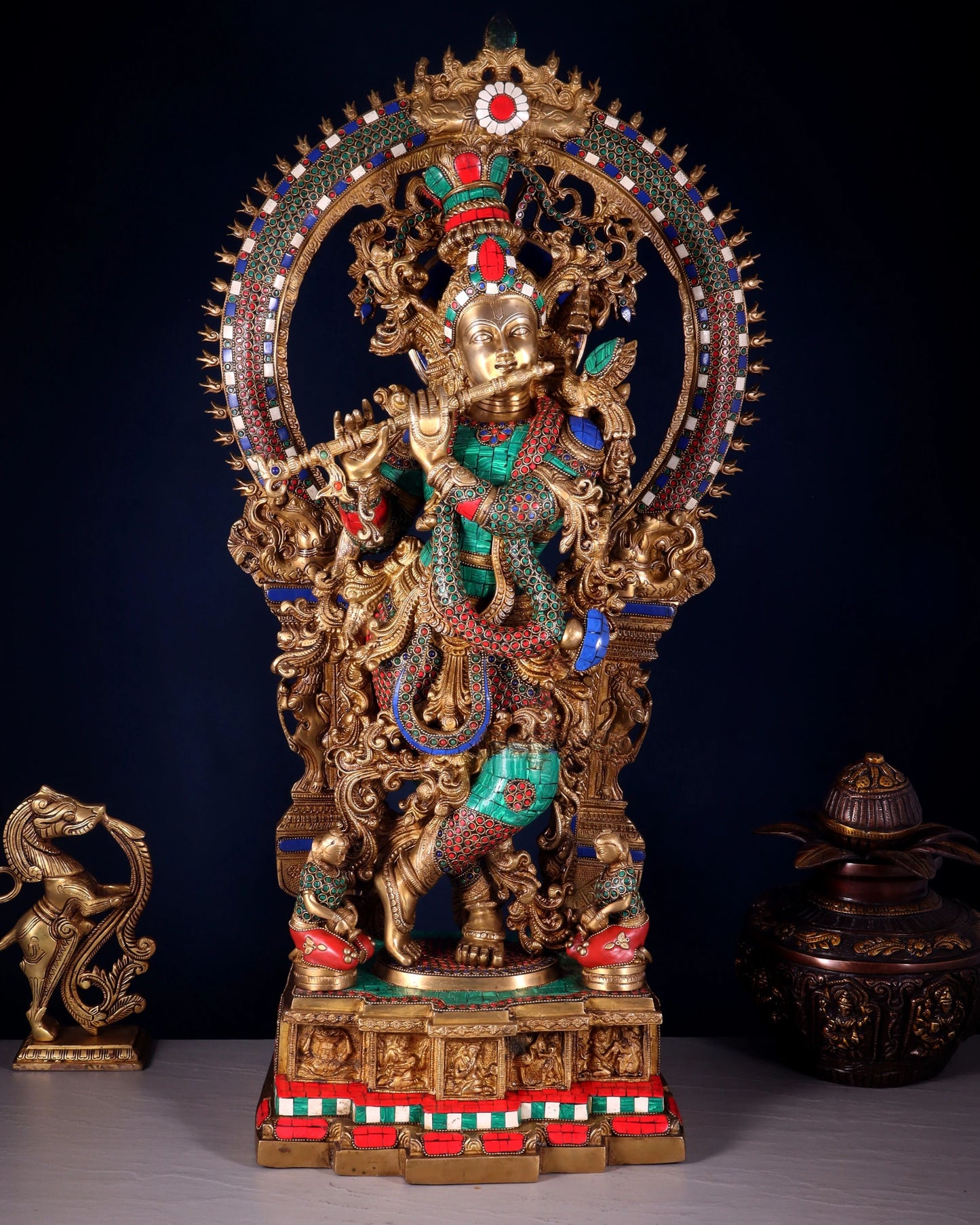 BrassAura™ Pure Superfine Brass Krishna Statue with Large Prabhavali Frame – Intricate Stonework | Height 33 Inch | Weight 35 Kg