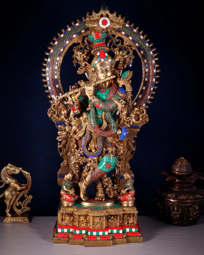 BrassAura™ Pure Superfine Brass Krishna Statue with Large Prabhavali Frame – Intricate Stonework | Height 33 Inch | Weight 35 Kg
