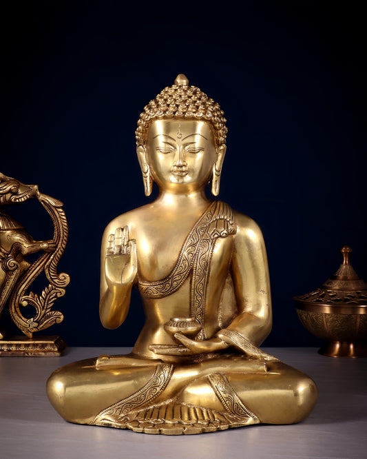 Brass Gem Stone Work Blessing Buddha Statue Weight 5.5 kg & Height 12 Inch