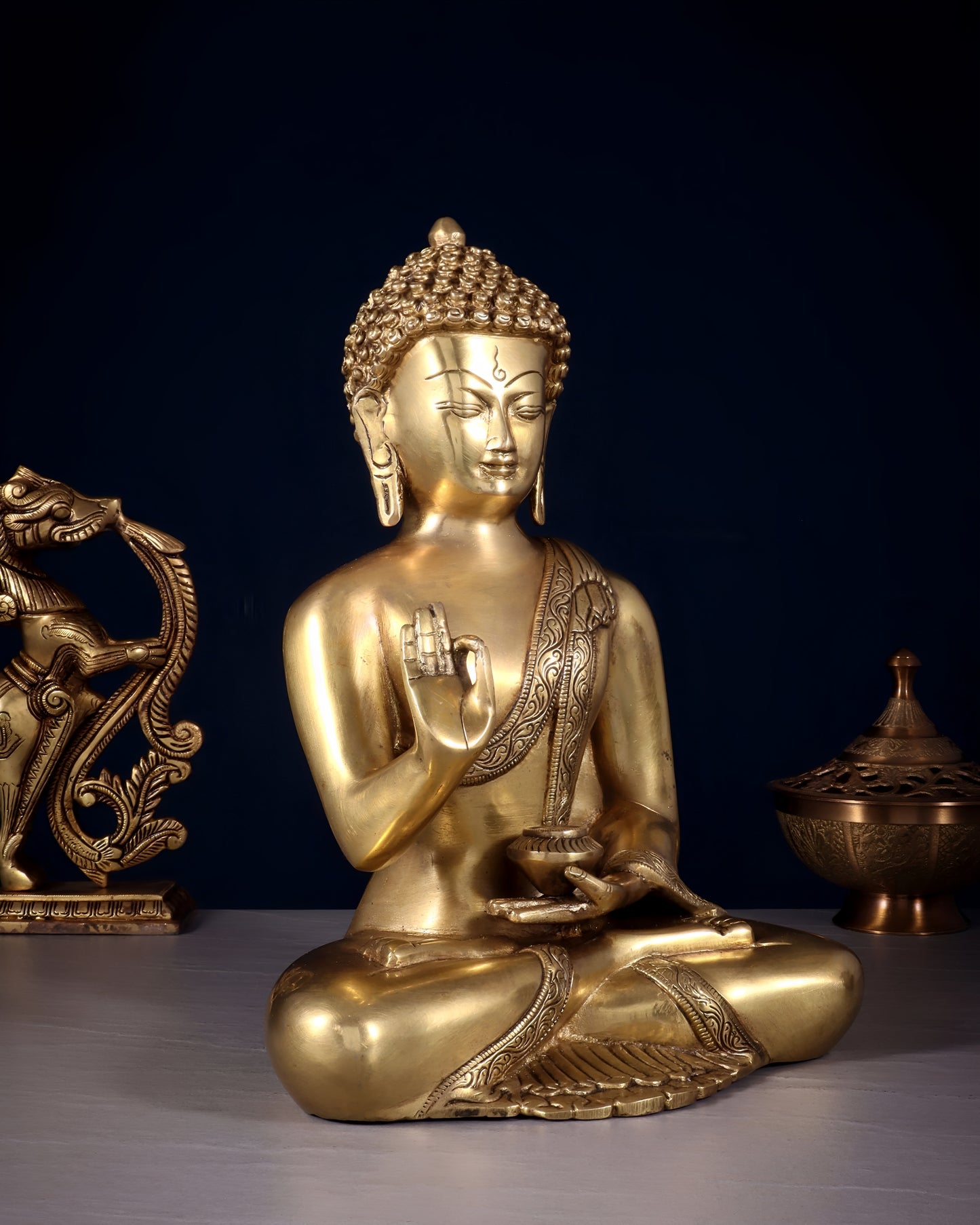 Brass Gem Stone Work Blessing Buddha Statue Weight 5.5 kg & Height 12 Inch