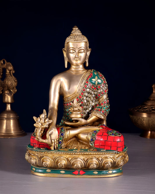 Brass Gem Stone Work Bhumisprasa Buddha Statue Weight 3.6 kg & Height 9.5 Inch