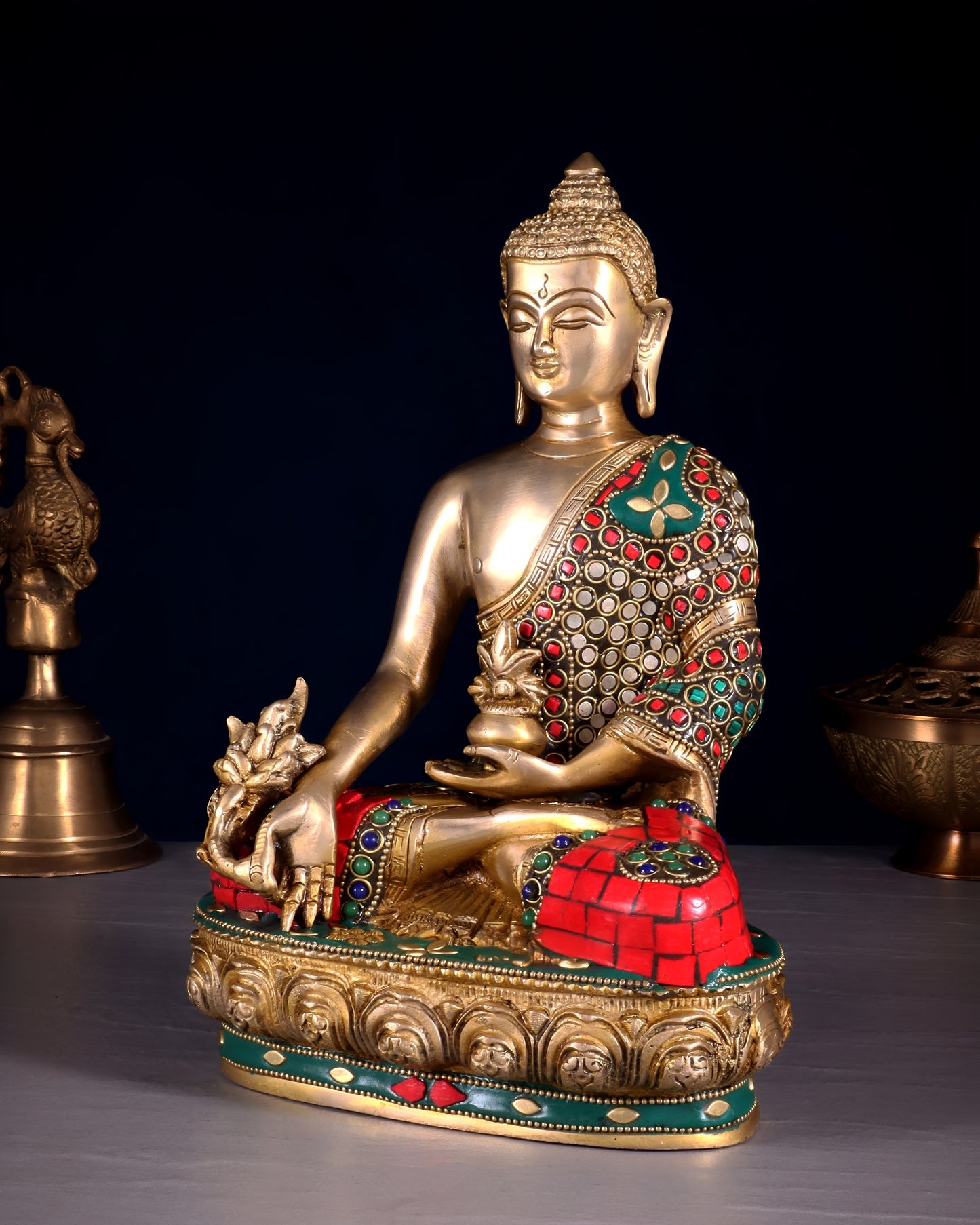 Brass Gem Stone Work Bhumisprasa Buddha Statue Weight 3.6 kg & Height 9.5 Inch