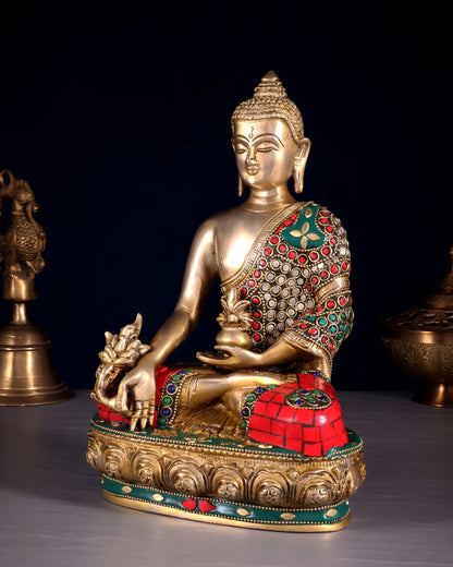 Brass Gem Stone Work Bhumisprasa Buddha Statue Weight 3.6 kg & Height 9.5 Inch