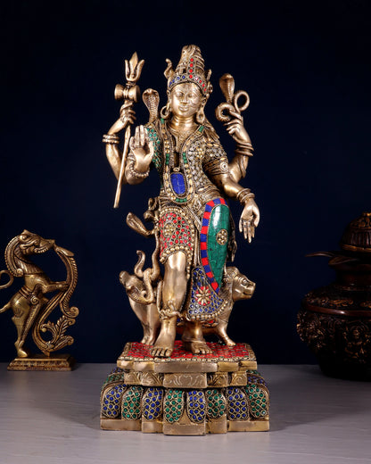 Brass Gem Stone Work Aardhnareshwar Idol for Home and Decor | Weight 10 Kg Height 19 inch | Multi-Coloured