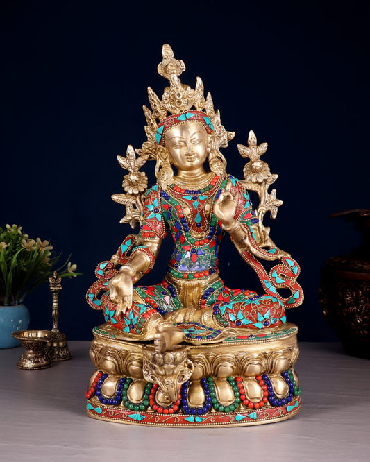 Brass Gem Stone Work Tara Weight 4.8 Kg & Height 14 Inch
