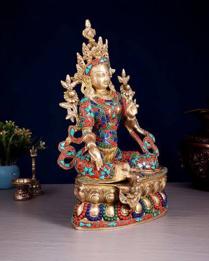 Brass Gem Stone Work Tara Weight 4.8 Kg & Height 14 Inch