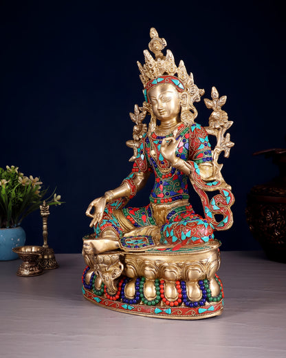 Brass Gem Stone Work Tara Weight 4.8 Kg & Height 14 Inch