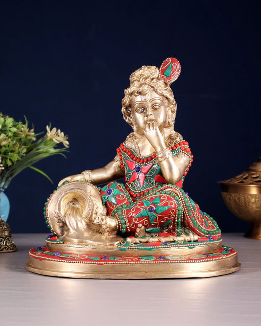Brassaura™ Pure Brass Baby Krishna Makhan Chor Idol with Meenakari Stonework – Height 8 Inches & Weight 3.5 Kgs