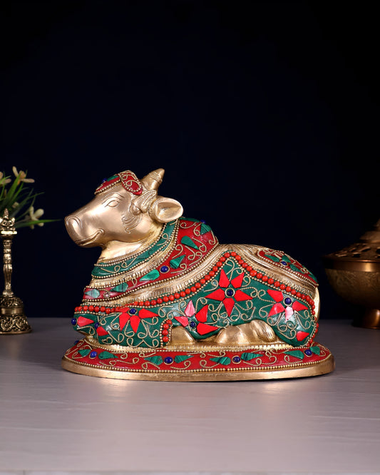 Brassaura™ Handcrafted Brass Nandi Statue with Floral Stone & Wirework – Height 6" & Weight 3.6 Kgs