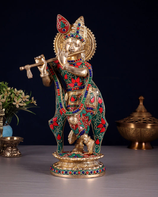 Brassaura™ Pure Brass Lord Krishna Idol with Floral Stonework – Height 11 Inches & Weight 2.75 Kgs