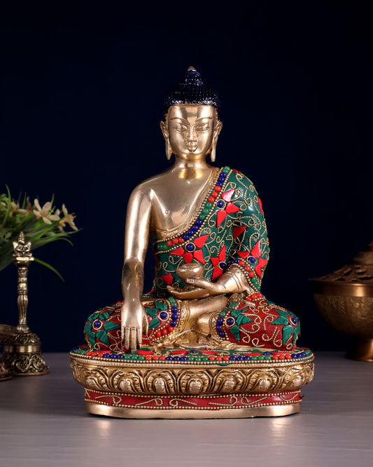 Brass Gem Stone Work Bhumisprasa Buddha Statue Weight 2.5 kg & Height 9 Inch