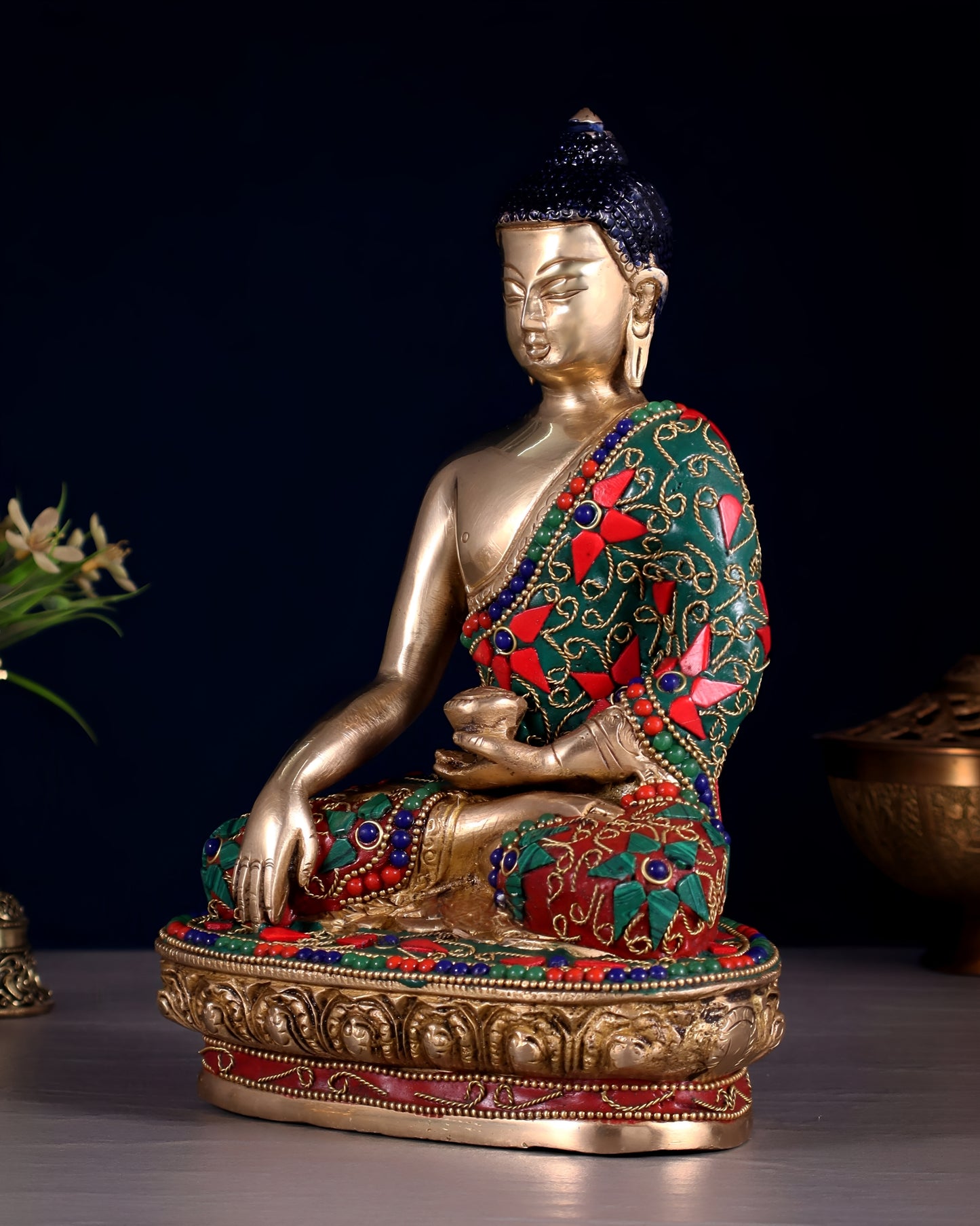 Brass Gem Stone Work Bhumisprasa Buddha Statue Weight 2.5 kg & Height 9 Inch