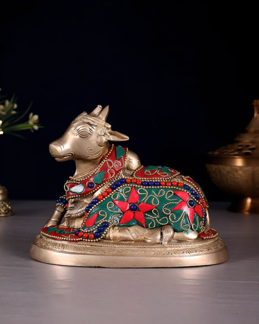 Brassaura™ Brass Superfine Nandi Bull Idol with Floral Stonework – Height 4.5" & Weight 2 Kgs