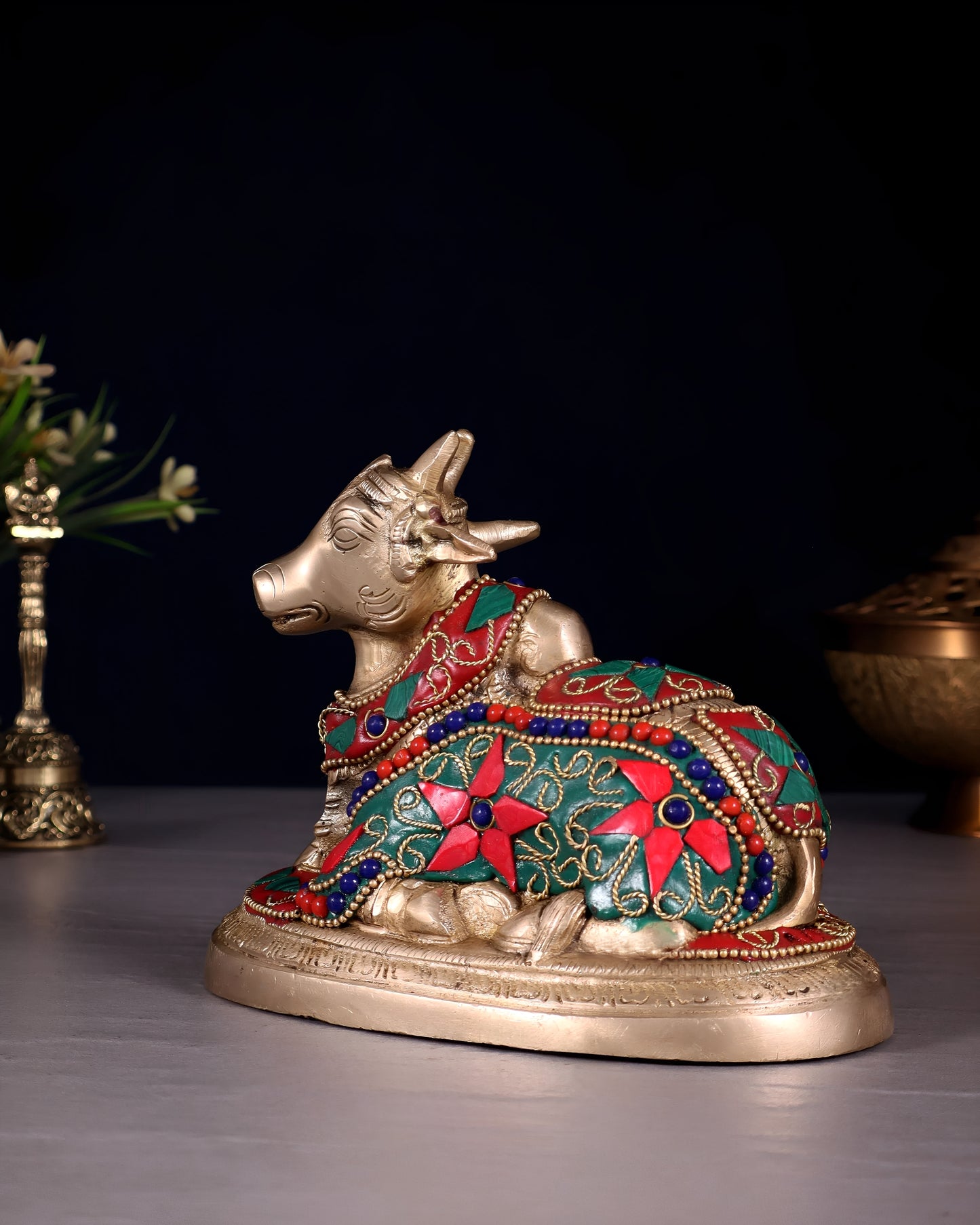 Brassaura™ Brass Superfine Nandi Bull Idol with Floral Stonework – Height 4.5" & Weight 2 Kgs