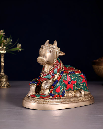 Brassaura™ Brass Superfine Nandi Bull Idol with Floral Stonework – Height 4.5" & Weight 2 Kgs