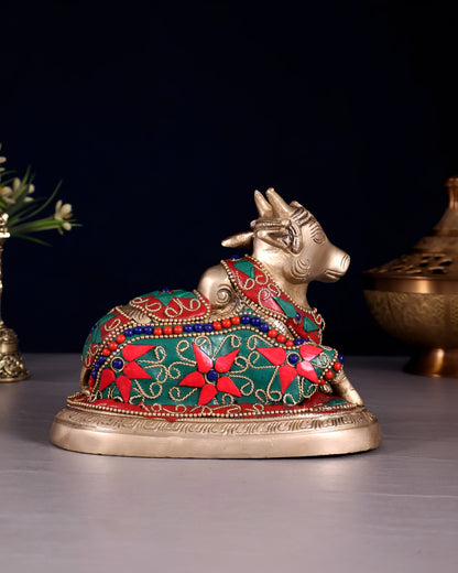 Brassaura™ Brass Superfine Nandi Bull Idol with Floral Stonework – Height 4.5" & Weight 2 Kgs