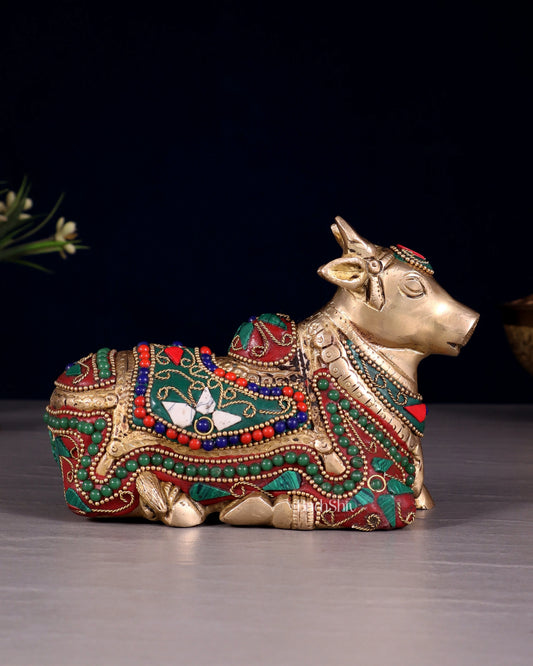 Brassaura™ Small Brass Nandi Idol with Floral Stonework – Height 4.5" & Weight 1.65 Kgs