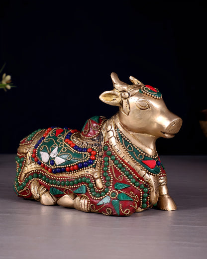 Brassaura™ Small Brass Nandi Idol with Floral Stonework – Height 4.5" & Weight 1.65 Kgs