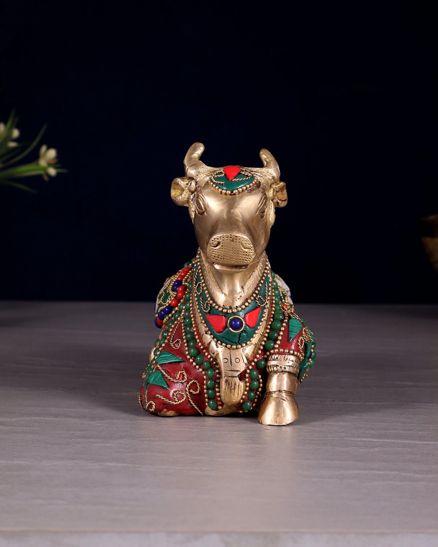 Brassaura™ Small Brass Nandi Idol with Floral Stonework – Height 4.5" & Weight 1.65 Kgs
