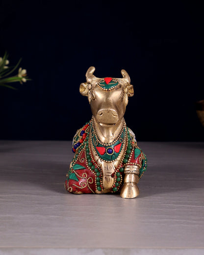 Brassaura™ Small Brass Nandi Idol with Floral Stonework – Height 4.5" & Weight 1.65 Kgs