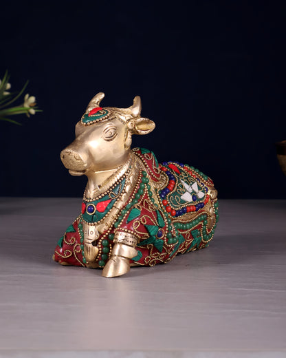 Brassaura™ Small Brass Nandi Idol with Floral Stonework – Height 4.5" & Weight 1.65 Kgs