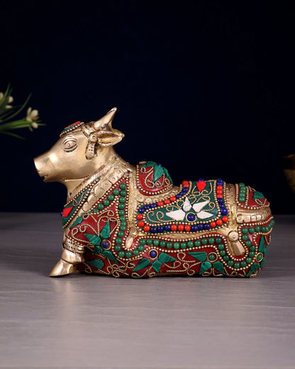 Brassaura™ Small Brass Nandi Idol with Floral Stonework – Height 4.5" & Weight 1.65 Kgs