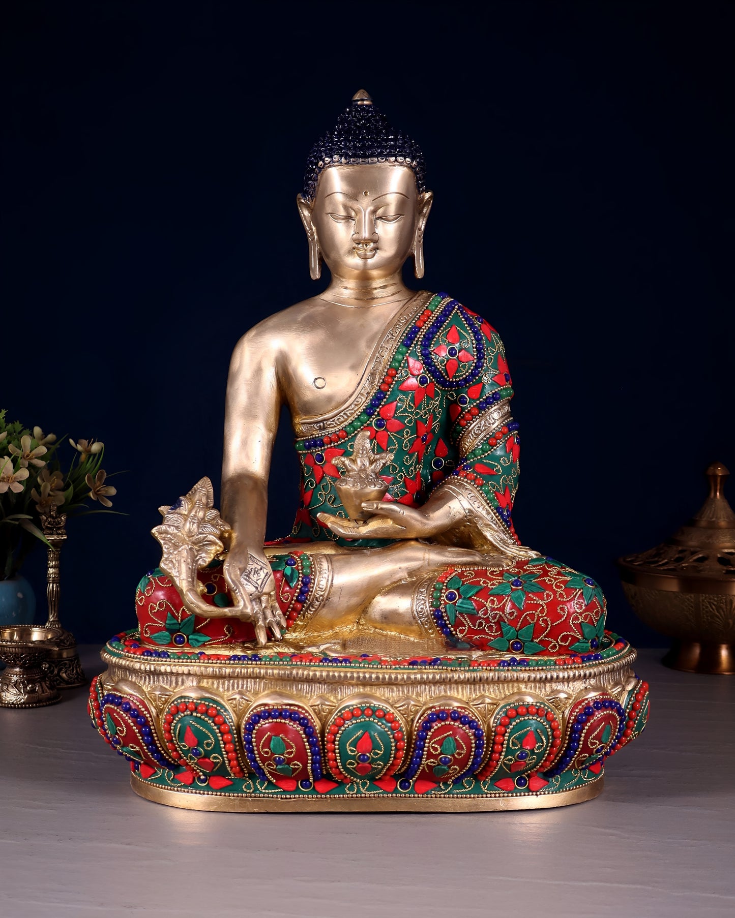 Brass Gem Stone Work Bhumisprasa Buddha Statue Weight 7.5 kg & Height 13.5 Inch
