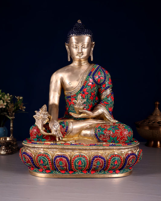 Brass Gem Stone Work Bhumisprasa Buddha Statue Weight 7.5 kg & Height 13.5 Inch