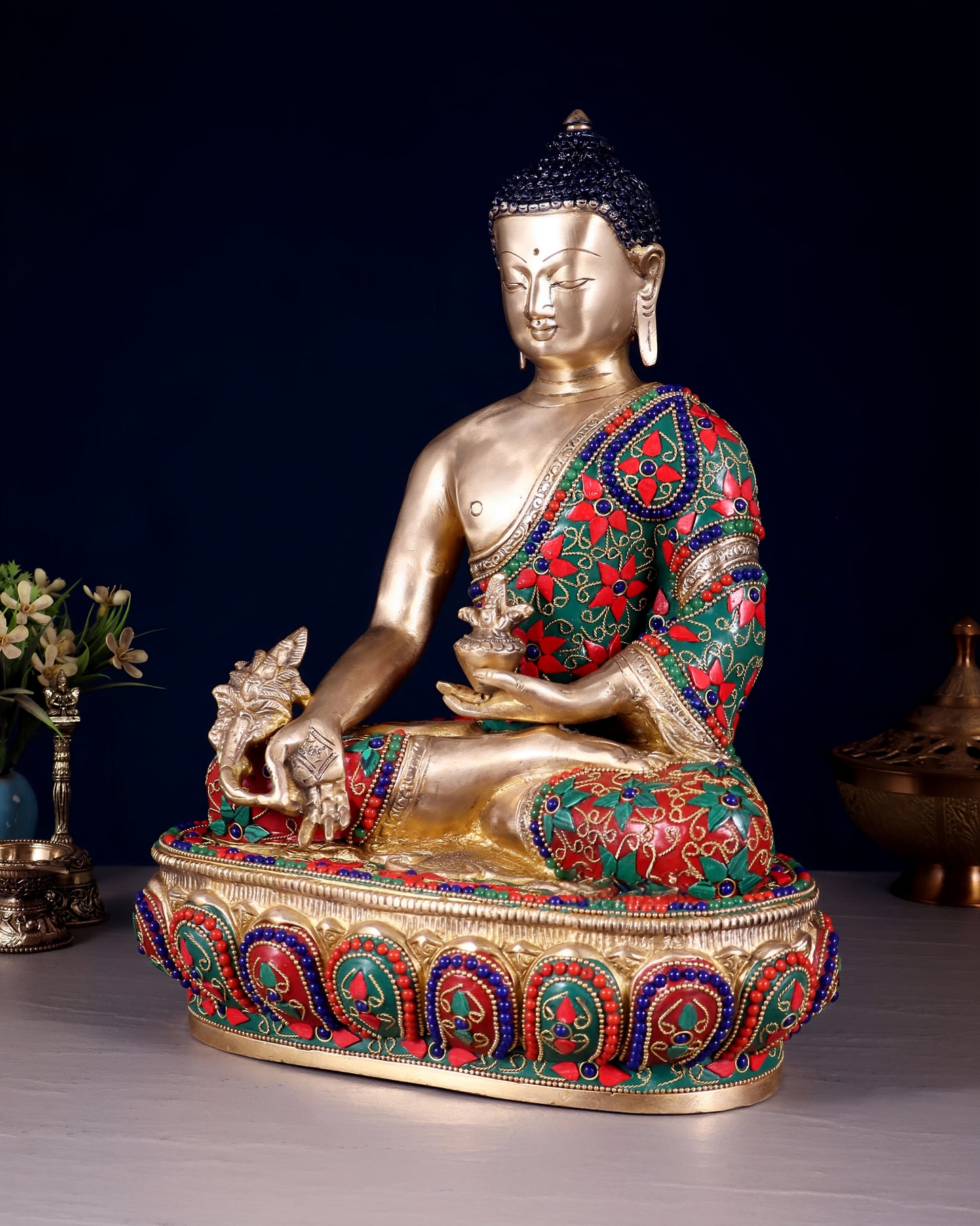Brass Gem Stone Work Bhumisprasa Buddha Statue Weight 7.5 kg & Height 13.5 Inch