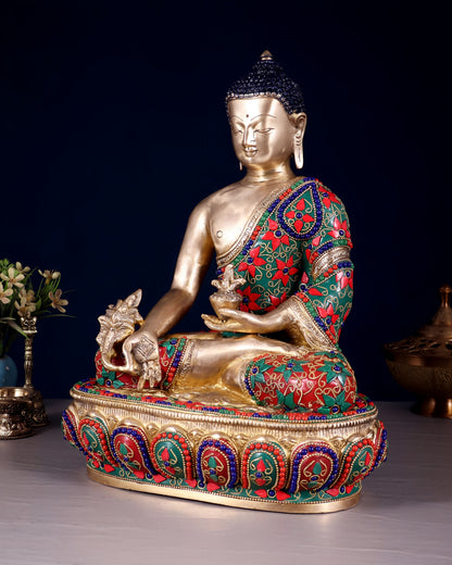 Brass Gem Stone Work Bhumisprasa Buddha Statue Weight 7.5 kg & Height 13.5 Inch