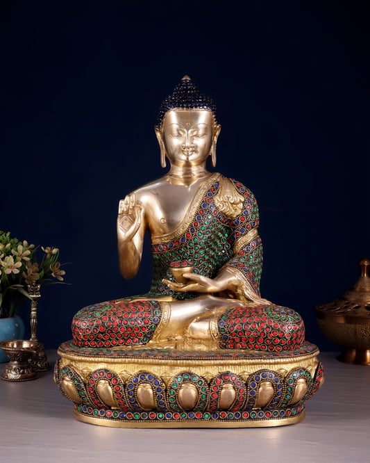 Brass Gem Stone Work Blessing Buddha Statue Weight 6.8 kg & Height 13.5 Inch