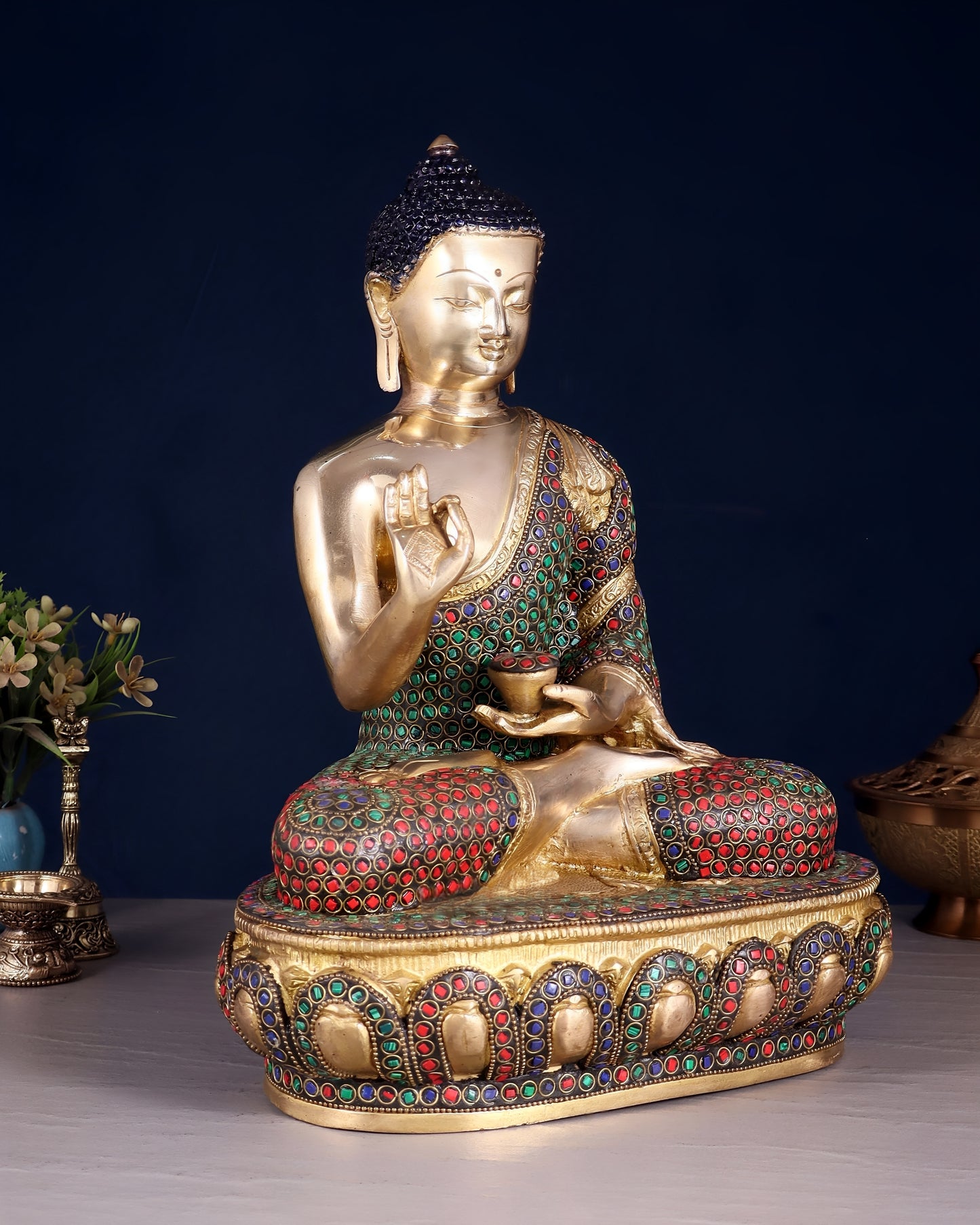 Brass Gem Stone Work Blessing Buddha Statue Weight 6.8 kg & Height 13.5 Inch
