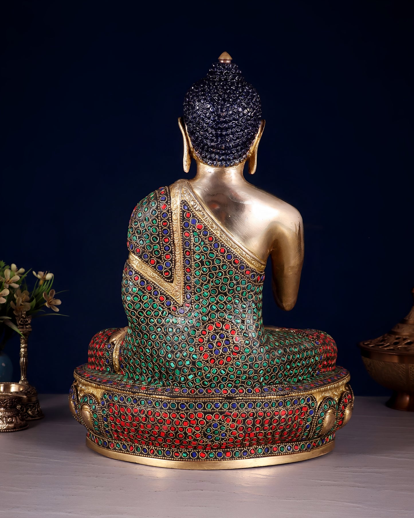 Brass Gem Stone Work Blessing Buddha Statue Weight 6.8 kg & Height 13.5 Inch