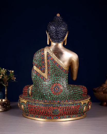 Brass Gem Stone Work Blessing Buddha Statue Weight 6.8 kg & Height 13.5 Inch