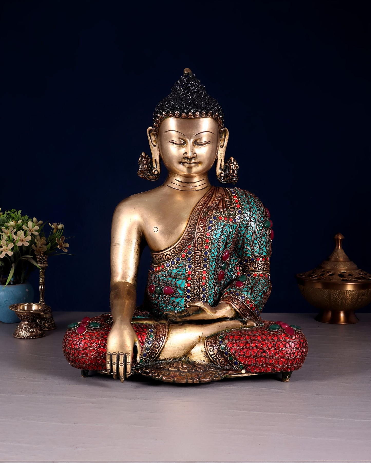 Brass Gem Stone Work Bhumisprasa Buddha Statue Weight 6.6 kg & Height 9.7 Inch