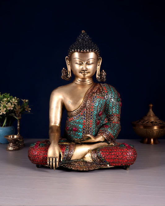 Brass Gem Stone Work Bhumisprasa Buddha Statue Weight 6.6 kg & Height 9.7 Inch