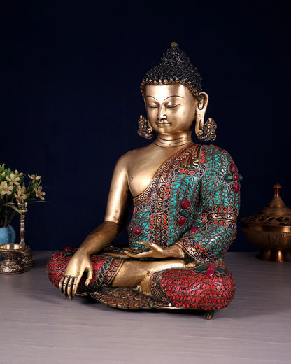 Brass Gem Stone Work Bhumisprasa Buddha Statue Weight 6.6 kg & Height 9.7 Inch