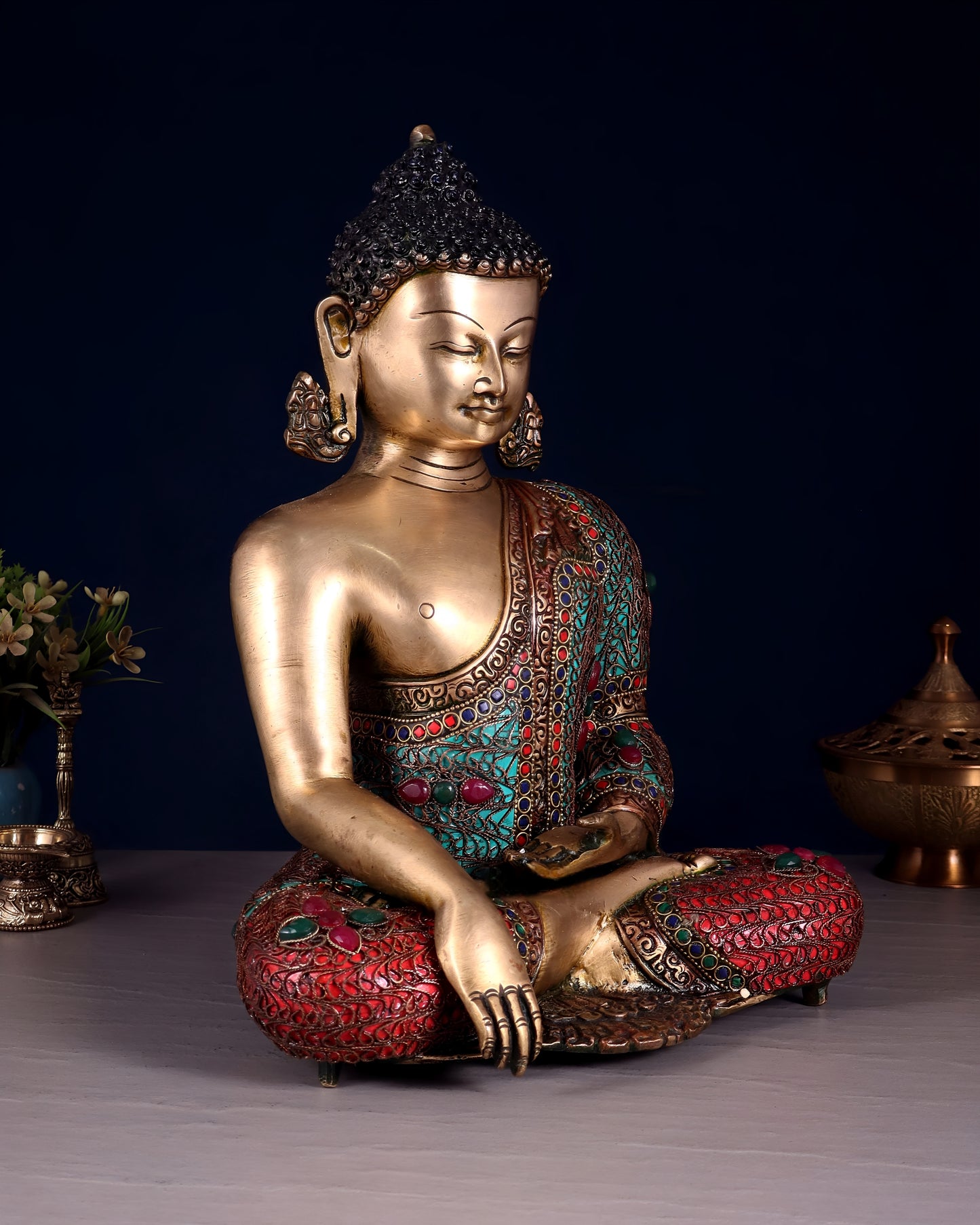 Brass Gem Stone Work Bhumisprasa Buddha Statue Weight 6.6 kg & Height 9.7 Inch